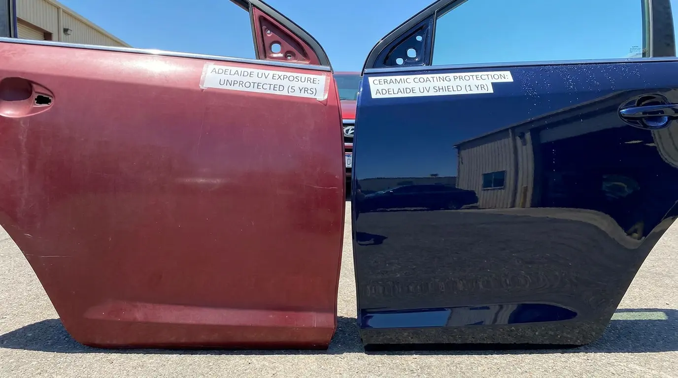 Comparison of Adelaide vehicle paint showing UV oxidation and fading on unprotected paint versus deep gloss and colour retention on ceramic coated paint