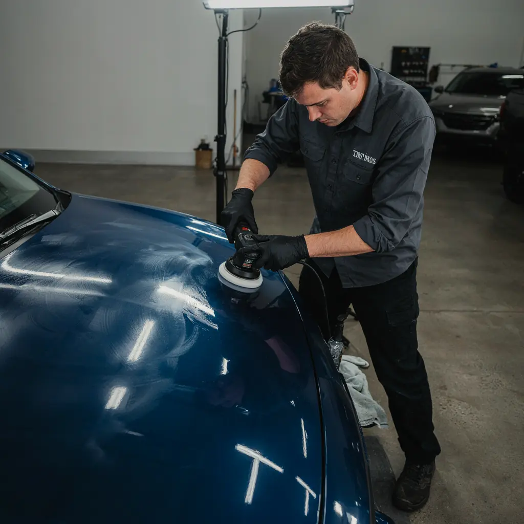 Tint Bros Adelaide technician performing machine paint correction on a used car with swirl marks before ceramic coating application