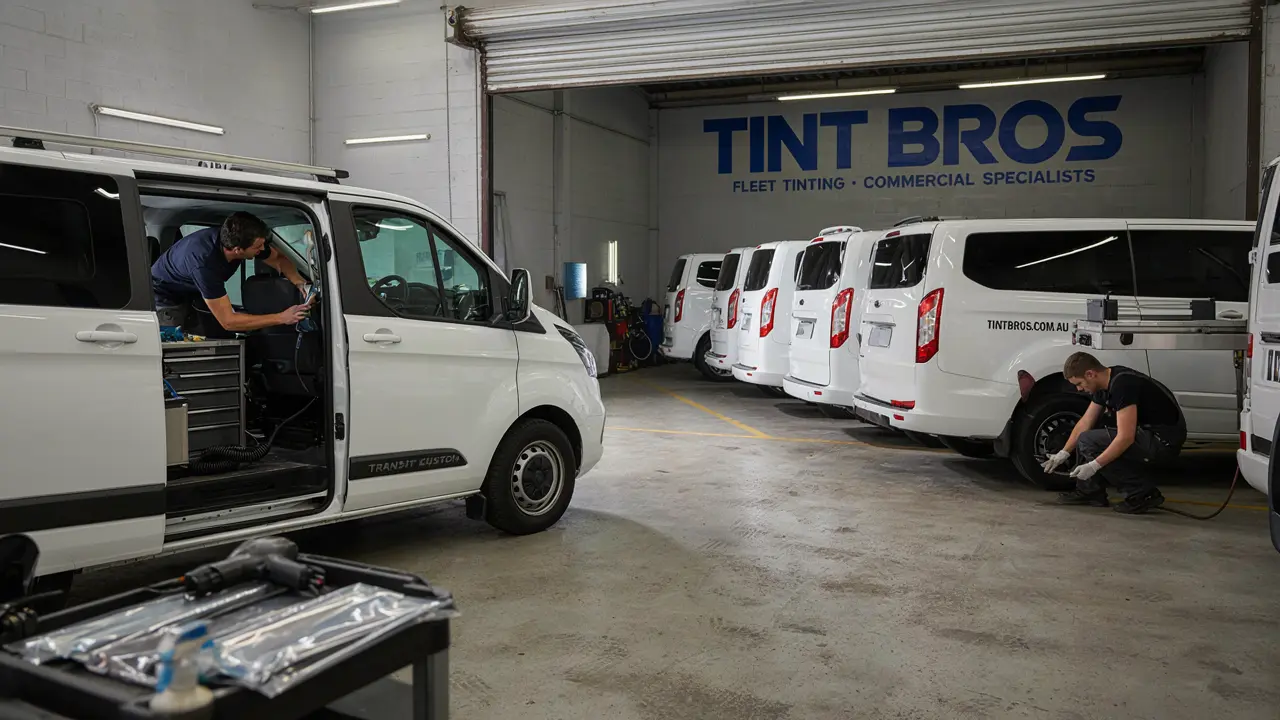 Fleet of work vans being window tinted at Tint Bros Adelaide for an Adelaide business showing commercial vehicle tinting service
