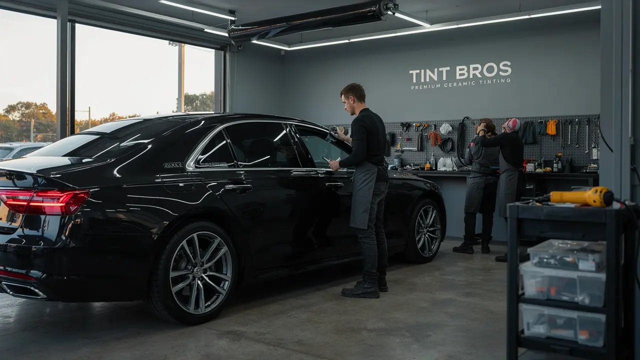Black prestige sedan being professionally window tinted at Tint Bros Adelaide with ceramic film applied to rear side windows