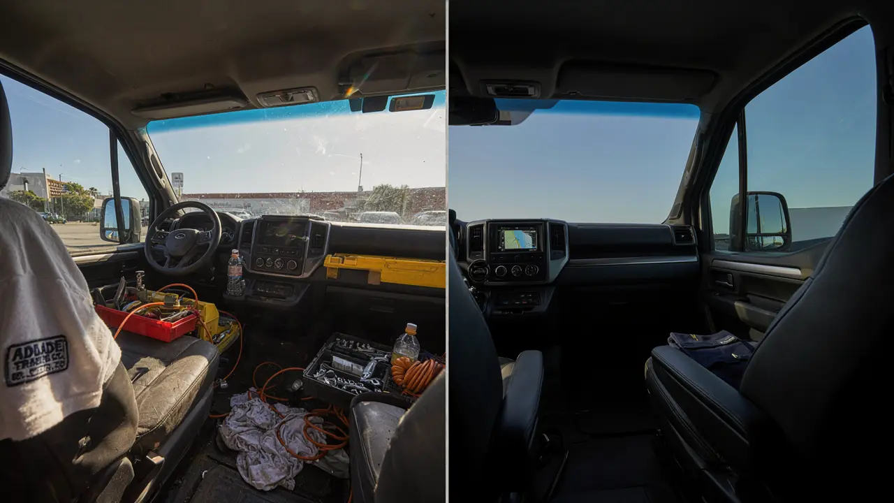 Adelaide tradie work van interior comparison showing excessive heat in an untinted van versus comfortable temperature with ceramic window tinting installed by Tint Bros